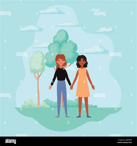 Women Holding Hands Trees Shrubs And Clouds Vector Design Stock Vector