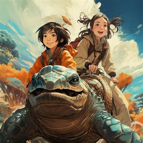 Premium Photo Anime Art Of A Woman Riding A Turtle With A Man On It