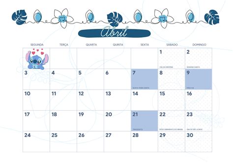 Calendario Mensal Stitch Abril Fazendo A Nossa Festa