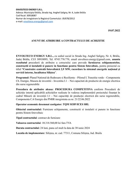 ANUNT DE ATRIBUIRE A CONTRACTULUI DE ACHIZITIE ENVOLTECO ENERGY