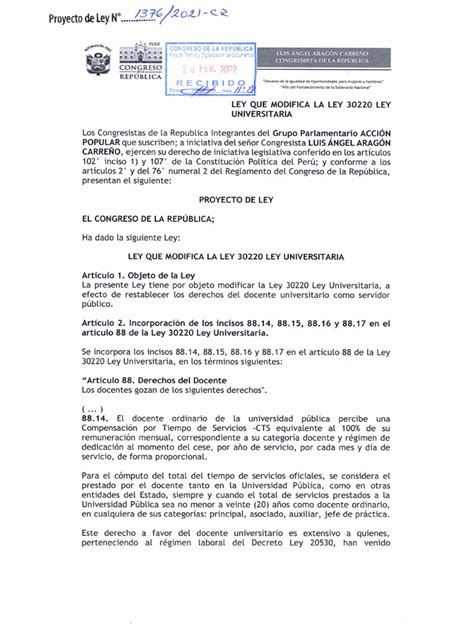 Proyecto De Ley Que Modifica La Ley 30220 Ley Universitaria Sobre