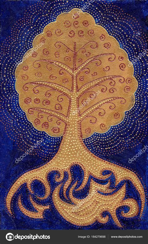 Golden Bodhi tree symbol on dark blue background. Abstract Luxury style ...