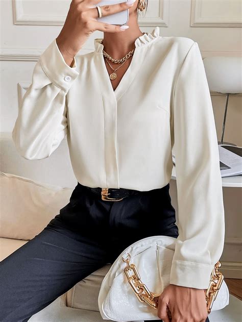 Apricot Elegant Collar Long Sleeve Fabric Plain Top Embellished Non