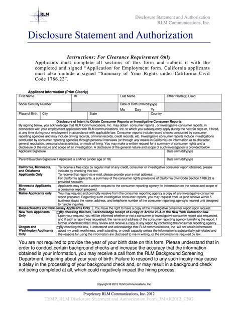 Fillable Online Disclosure Statement And Authorization Rlm