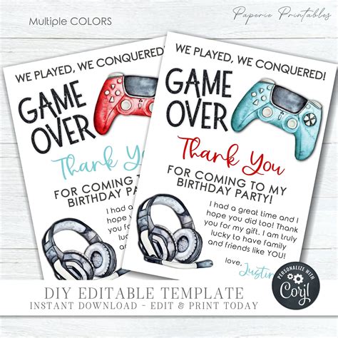 Editable Gaming Birthday Thank You Card Video Game Birthday Thank You