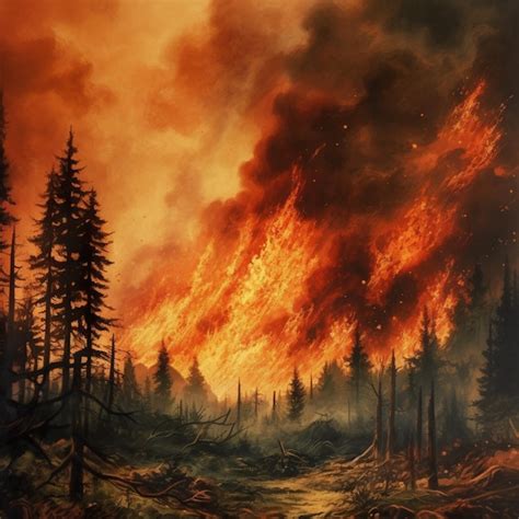 Premium AI Image | Painting of a forest fire with a forest fire in the ...