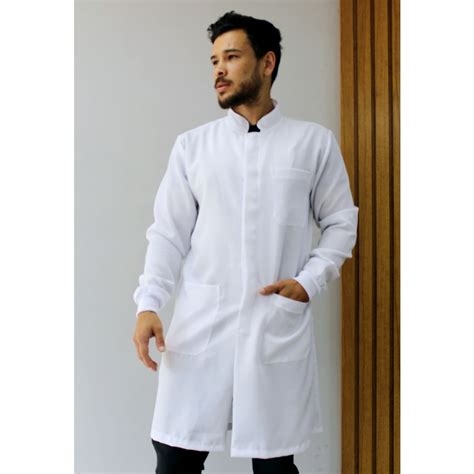 Jaleco Branco Masculino Gola Padre Manga longa Botão Embutido Shopee