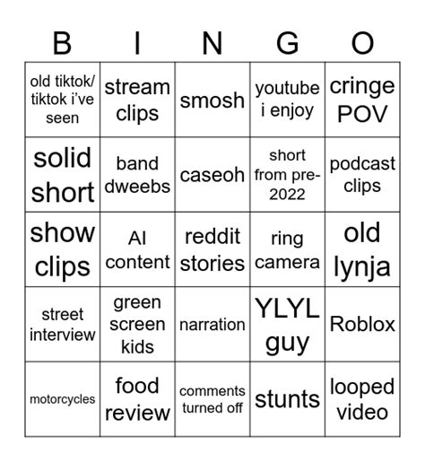 Yt Shorts Bingo Card