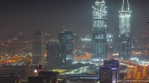 Aerial View of Skyscrapers with World Trade Center in Dubai All Night ...