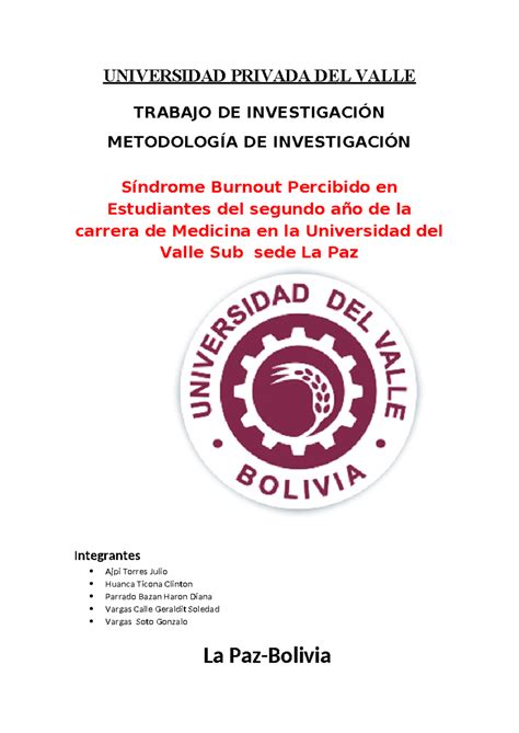 Sindrome de Burnout Final - UNIVERSIDAD PRIVADA DEL VALLE TRABAJO DE ... 