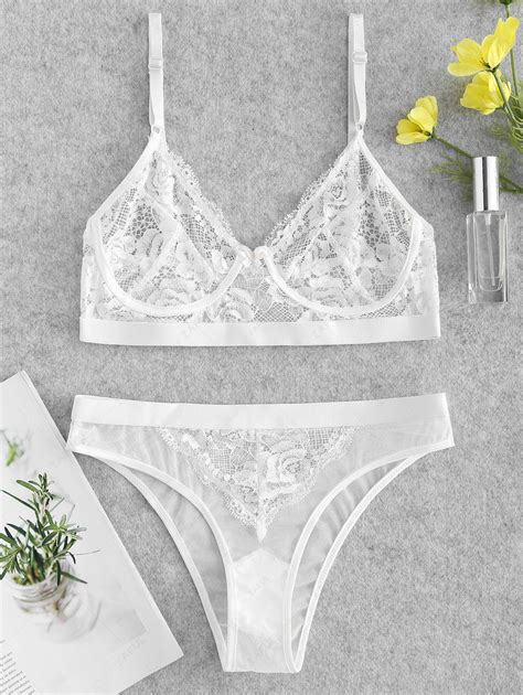 Sheer Floral Lace Bra And Panty Lingerie Set In White Zaful