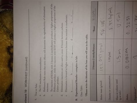 Solved Chem Experiment Worksheet Elimination Of Alkyl Chegg