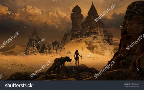 Fantasy Art Landscape Desert Temple Digital Stock Illustration ...