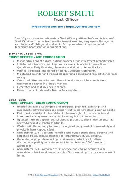 Trust Officer Resume Samples Qwikresume