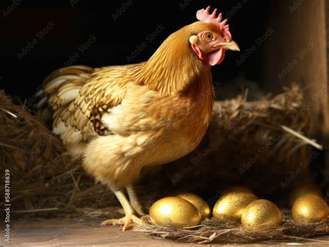 Laying Hen Incubates Golden Eggs On The Farm Many Golden Eggs