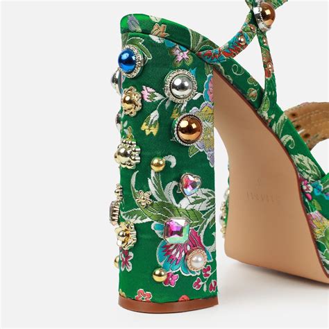 Libertie Green Satin Print Gem Platform Block Heels SIMMI London