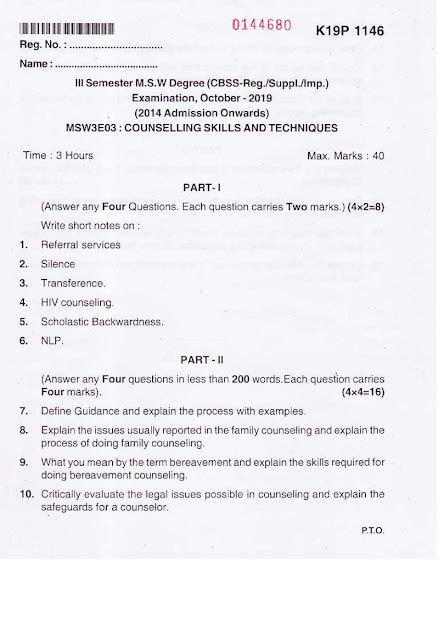 Kannur University M S W Third Semester Counselling Skills And Techniques October 2019 Question