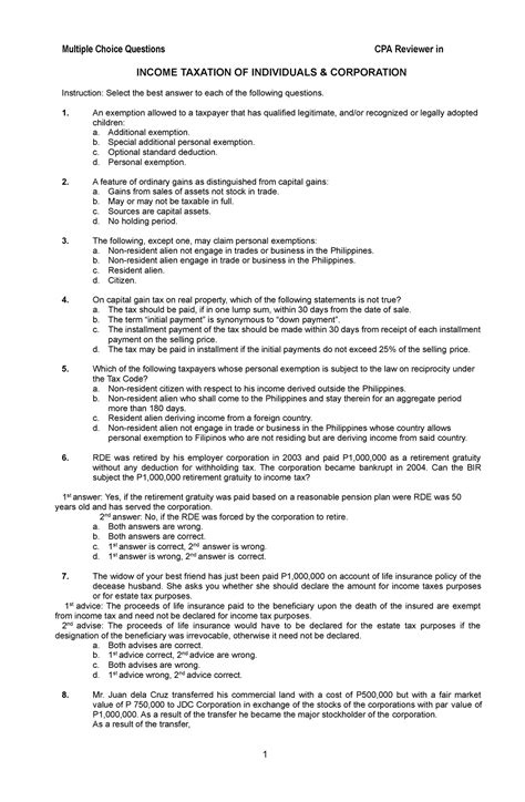 Income Taxation Reviewer Multiple Choice Questions Cpa Reviewer In