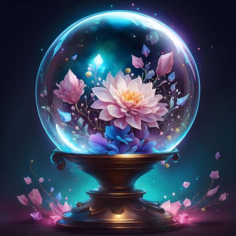 Centered 3d Hyperdetailed Beautiful Crystals And Glitter Flowers In A Glass Globe