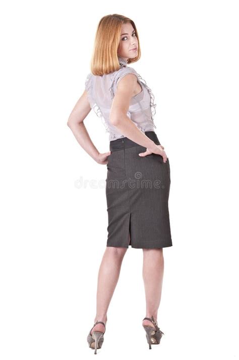 Beau Jeune Femme Dans Le Chemisier Et La Jupe Sur Le Blanc Image Stock Image Du Beauté Mignon