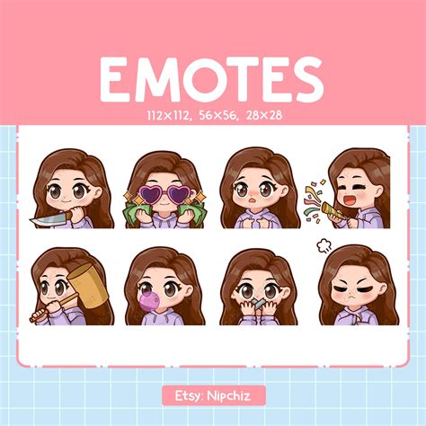 Cute Girl Long Straight Brown Hair Emotes 8 Pack Chibi Girl Emotes For Streamer Brown Eyes