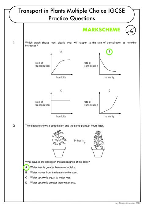 GCSE Biology Multiple Choice Topic Question Pack On Transport In