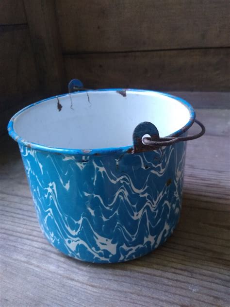 Early Primitive Enamel Berry Bucket Blue White Graniteware EBay