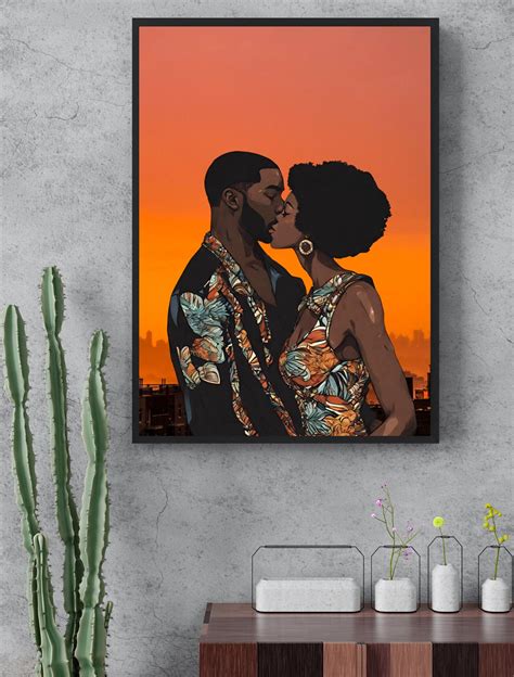 Black Couple Wall Art Print A4 Black Art Black Couple Kissing Home