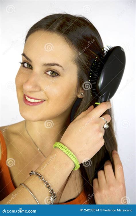 Brunette Female Model Brushing Long Hair Stock Photo Image Of