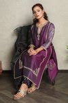 Buy Purple Kurta Dupion Silk Embroidery Thread Notched And Pant Set For