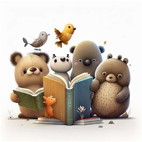 Premium Photo | Cartoon characters cute animals reading books white ...