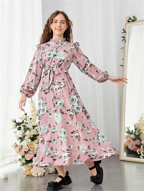 SHEIN Teen Girls Floral Print Frill Trim Lantern Sleeve Belted Dress