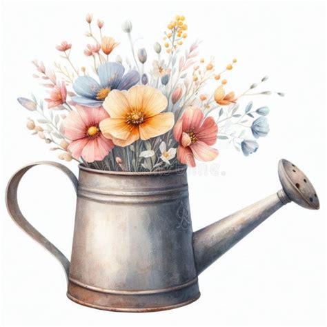 Watercolor Of A Watering Can With Spring Flowers Watercolor Painting