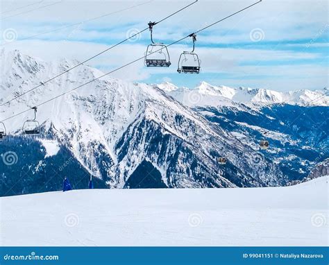 Ski Lift In The Mountains Of Chamonix Winter Resort French Alps Stock