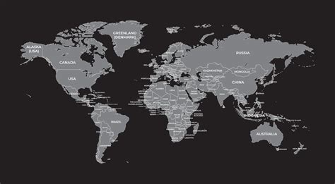 Detailed World Map Isolated on Black Background with Country Names ...