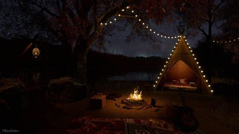 Camping Ambience By The Lake On An Autumn Night With Aurora Crackling