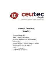 Copia De Tarea 1 Gerencia Financiera Carlos Tejada Xlsx Gerencia