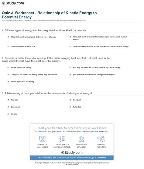 Kinetic And Potential Energy Worksheet