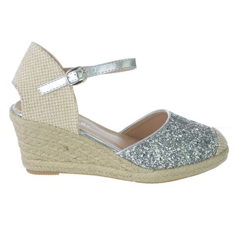 Womens Ladies Low Wedge Heel Espadrilles Ankle Strap Glitter Sandals