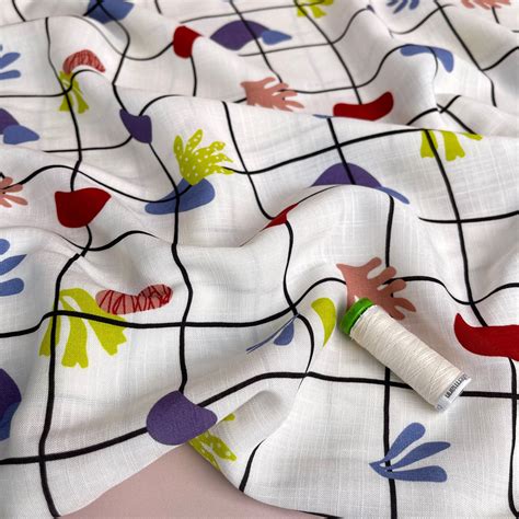 tropical grid white linen  slub rayon fabric lamazi fabrics