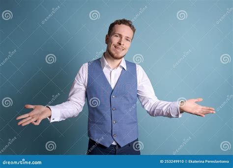 Portrait Handsome Business Man With Charming Smile Gesturing With His