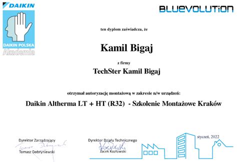 Certyfikaty TechSter Klimatyzacja Pompy ciepła Automatyka Jędrzejów