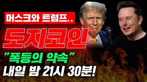 머스크와 트럼프 도지코인 폭등의 약속 내일 밤 21시 30분 도지코인 도지코인전망 도지전망 Youtube