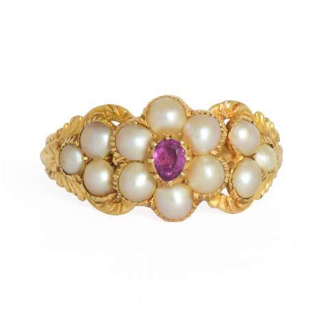 Victorian Pearl Ruby Cluster Ring Ejay Antiques