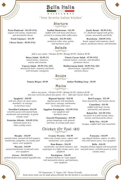 Dinner Menu Bella Italia Ristorante Italian Dinner Menu Italian Food