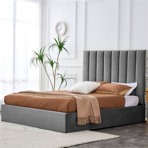 Lit Contemporain X Cm Velours Gris Avec Coffre De Rangement