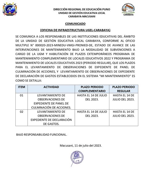 Comunicado Desde La Oficina De Infraestructura De La Ugel Carabaya