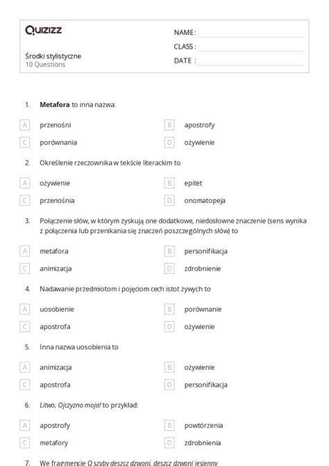 Ponad Rodki Stylistyczne Arkuszy Roboczych Dla Klasa W Quizizz