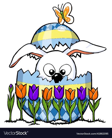 Bunny Peaking Out Of Easter Egg Row Of Tulips Vector Image