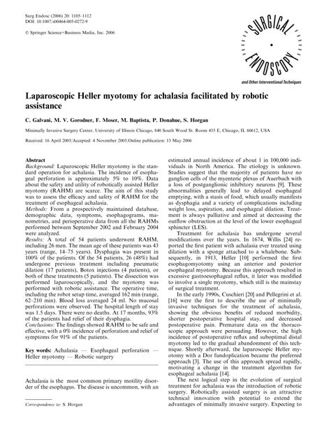 Pdf Laparoscopic Heller Myotomy For Achalasia Facilitated By Robotic